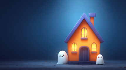 Cute cartoon haunted house with glowing windows and two smiling ghosts on dark background