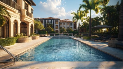 Luxury Condo Swimming Pool with palm trees: An opulent swimming pool nestled between luxurious condos, palm trees under a clear sky offering a serene escape.