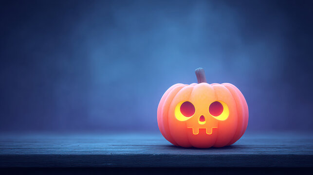 Halloween carving idea. Glowing jack o lantern with skull face sits on wooden surface against misty blue background
