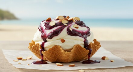 Creamy Blueberry Ice Cream Sundae with Almonds in Waffle Bowl