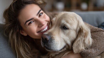 Joyful moment woman embracing golden retriever at home lifestyle warm and inviting atmosphere