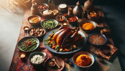 Traditional Thanksgiving Feast with Roasted Turkey and Autumn Harvest Sides 8K Resolution