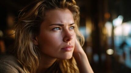Thoughtful woman reflecting in urban evening light portrait photography in city setting contemplative mood and introspective atmosphere