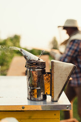 Close-up of a bee smoker standing on a hive in sunlight. Beekeeper in the background