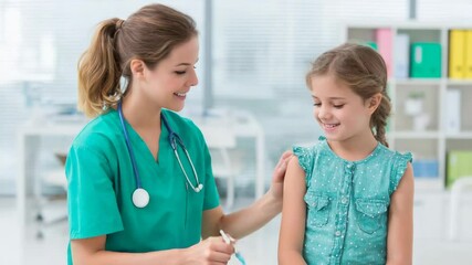 Smiling nurse giving vaccine injection to happy young girl in medical clinic with bright clean background - Powered by Adobe