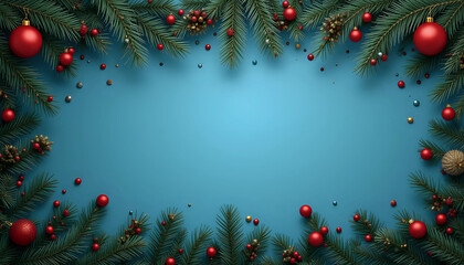 Christmas tree branches with red balls isolated on blue background