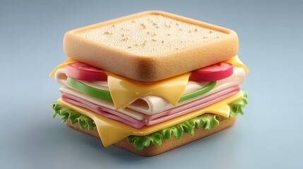 3D icon of a sandwich with layered ingredients and smooth textures, perfect for UI, mobile apps, or food-related infographics.