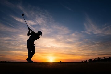Golfer swing sunset, Silhouette playing golf, Sport leisure concept