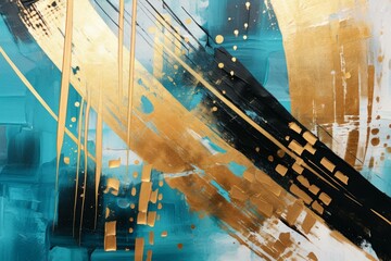 Gold, black and turquoise brushstrokes create a dynamic and visually captivating abstract painting
