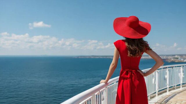 Elegant woman in red dress and hat standing on terrace looking at sea horizon on sunny summer day