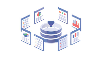 Isometric database server surrounded by data visualization screens and a funnel above it