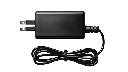 A sleek black power adapter with cable rests isolated on transparent background, suitable for tech or electrical design projects.