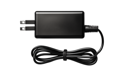 A sleek black power adapter with cable rests isolated on transparent background, suitable for tech or electrical design projects.
