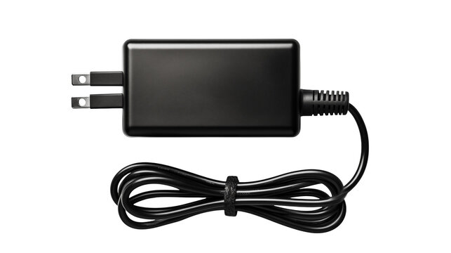 A sleek black power adapter with cable rests isolated on transparent background, suitable for tech or electrical design projects.