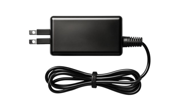 A sleek black power adapter with cable rests isolated on transparent background, suitable for tech or electrical design projects.