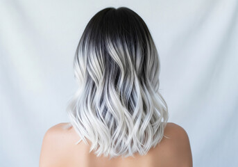 Fototapeta premium Rear view of a woman with long, wavy hair, her hair styled from dark roots to silver-white tips