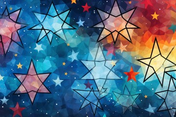 Colorful geometric stars shine brightly against a vibrant, polygonal cosmic backdrop, creating a festive and celebratory atmosphere