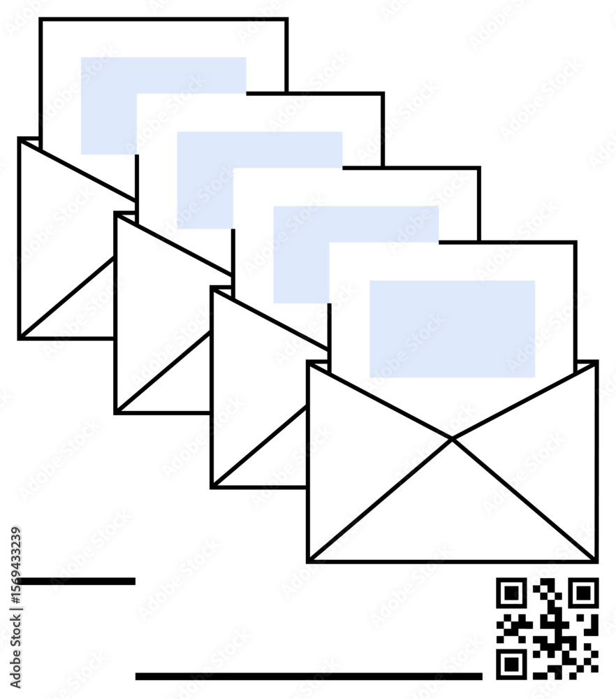 Aufkleber overlapping envelopes with inserted letters arranged in sequence. qr code and lines suggesting techn