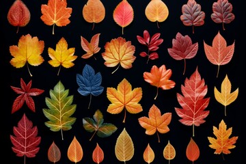 Autumn leaves creating a colorful pattern on a black background, showcasing the beauty of fall foliage