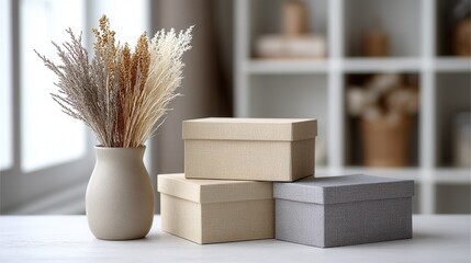 Naklejka premium Neutral toned decorative boxes and dried flower arrangement on table.