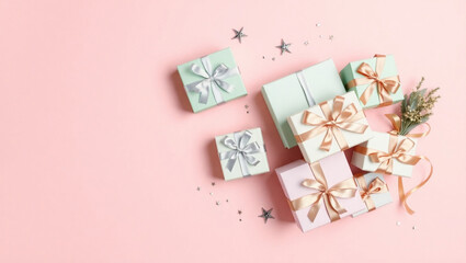 Several pastel-colored gift boxes with ribbons and decorative sparkles on a pink background.