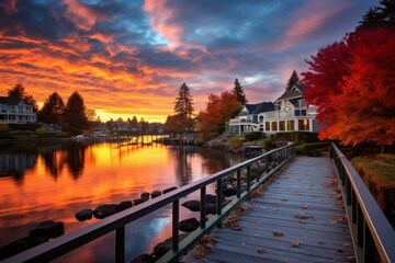 Obraz premium Stunning sunset reflects on calm lake by charming houses and autumn trees