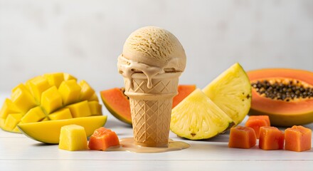 Melting Ice Cream Cone with Tropical Fruits on White Background

