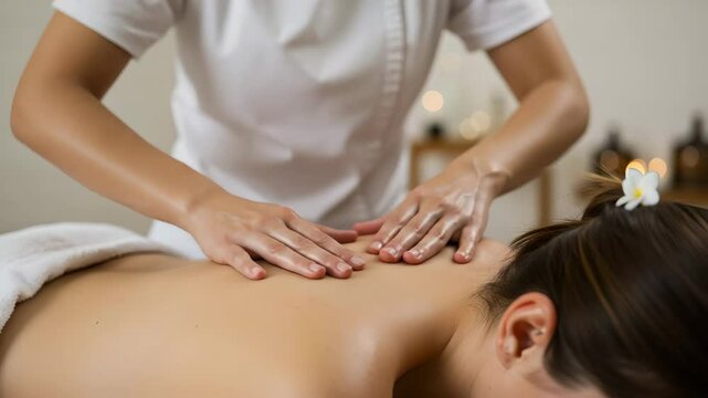 Hands doing massage of back. Woman patient lying on couch on Thai massage. Body relaxing treatment. Video 