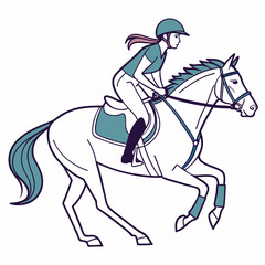 Equestrian rider on galloping horse with teal accents horse riding