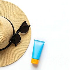 Beach Hat, Sunglasses, and Sunscreen Flat Lay on White Background
