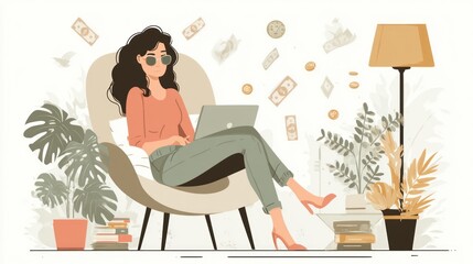 Conceptual Illustration of a Woman Working from Home and Earning Money Online