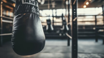 Close-up of a Black Boxing Glove Hanging in a Gym