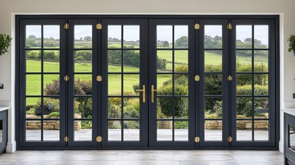 Fototapeta premium Dark-framed bi-fold doors, countryside view