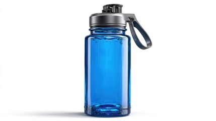 A stylish blue water bottle with metallic accents on a clear white background