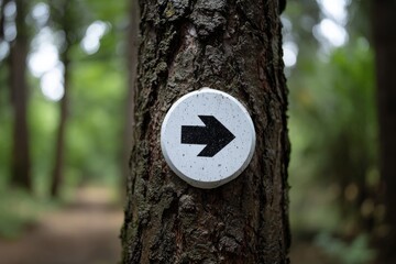 Fototapeta premium white sign with black arrow. a white arrow sign on a tree trunk. a black and white sign on a wooden pole
