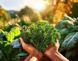 Harvesting kale in a garden, showing the fresh, organic leaves