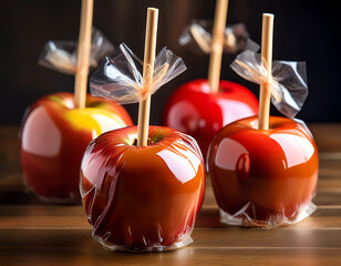 Close-up of a caramel apple wrapped in cellophane