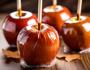 Close-up of a caramel apple wrapped in cellophane