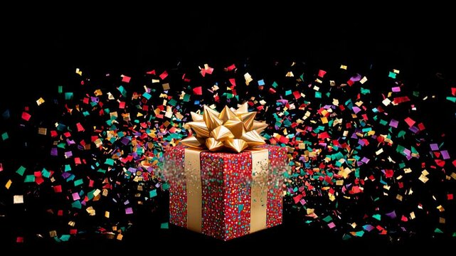 Festive glitter gift box with golden ribbon and colorful confetti explosion on black background surprise