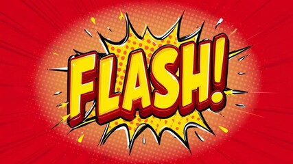 Comic book style text explosion with word FLASH in bold letters on red background with yellow burst lines - Powered by Adobe