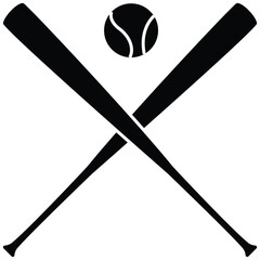 Black Silhouette of Two Crossed Baseball Bats on with ball, on a transparent background