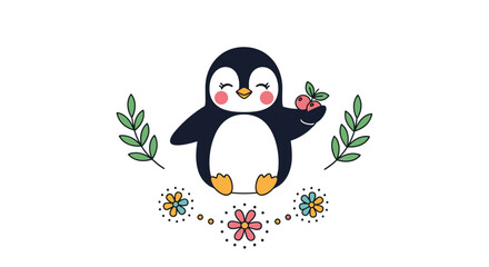Fototapeta premium Adorable cute penguin holding berries with floral accents and leaves