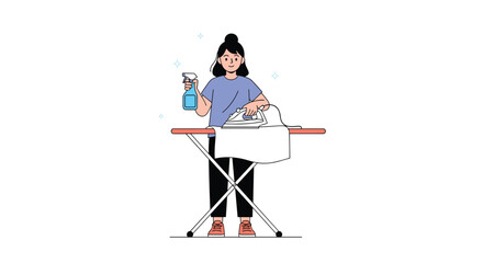 Person ironing clothes with a spray bottle and ironing board daily household chore illustration