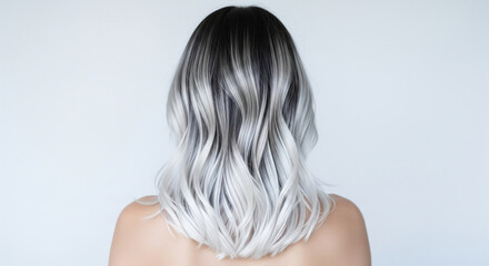 Naklejka premium Rear view of a woman with shoulder-length hair, her hair styled in soft waves, with a gradient color transitioning from dark at the roots to silver-white at the tips