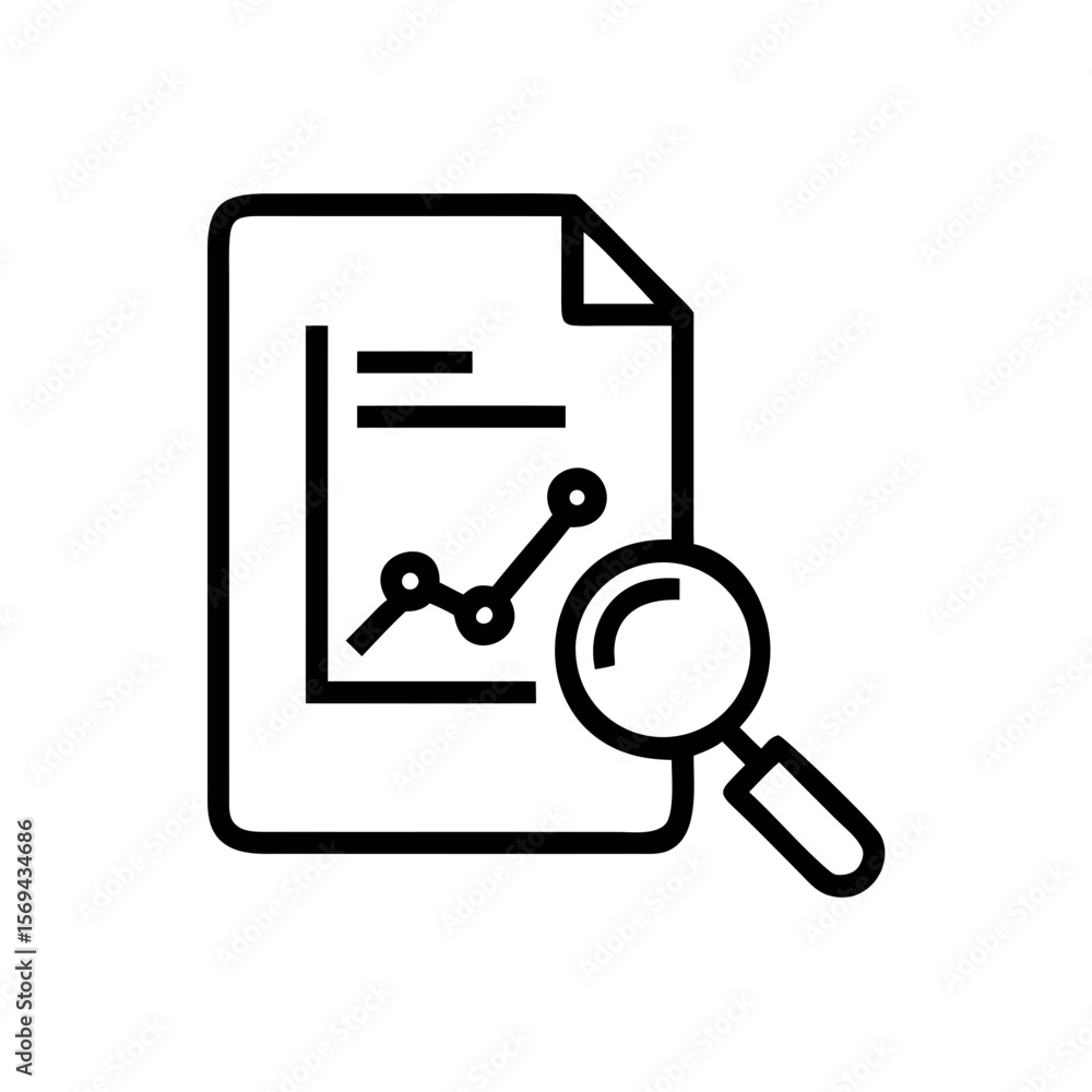Poster analytics report document with magnifying glass line icon