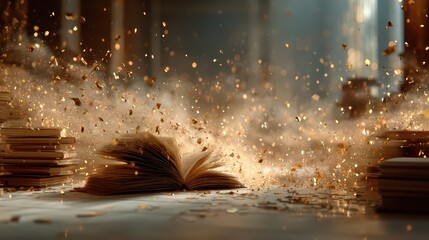 Whimsical close-up of a magical book explosion in an enchanted library