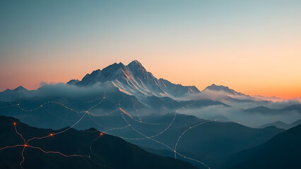 A stunning snowy mountain range captured at sunrise, overlaid with glowing orange digital network lines. Ideal for use in technology, environmental, or networking-themed visuals.