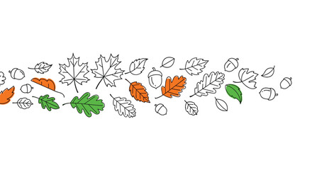 A beautiful autumn season decorative border with falling leaves and acorns