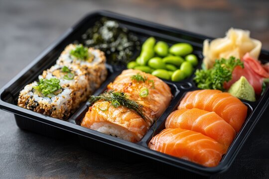 A beautifully arranged sushi bento box featuring various sushi types, edamame, and garnishes. Perfect for showcasing Japanese cuisine or promoting a sushi restaurant. - Powered by Adobe