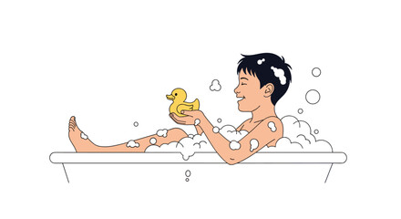 Child enjoys bath time playing with a rubber duck toy surrounded by bubbles